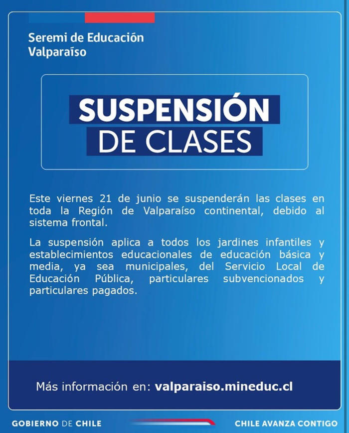 suspensión de clases por sistema frontal en chile, este viernes 21 de junio 2024: comunas y colegios que anunciaron la medida