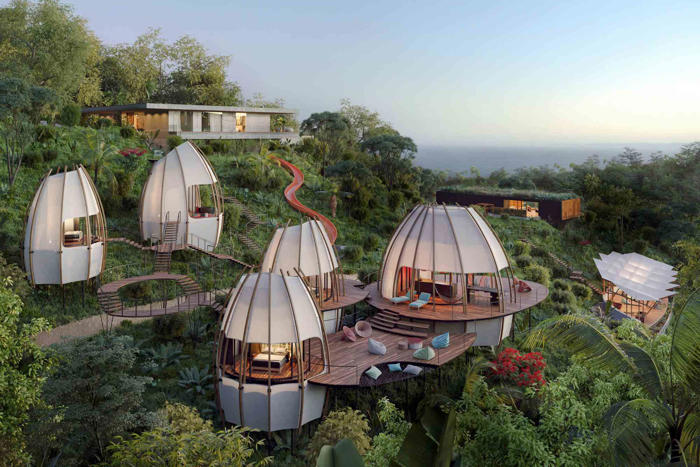 this costa rica resort is at the forefront of hotel design — with a mid-canopy trampoline, stunning villas, and treehouse-inspired rooms