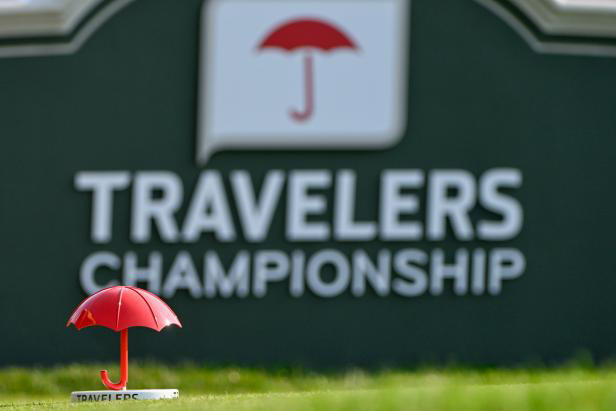 CROMWELL, CT - JUNE 20: The tee marker on the first tee in front of signage during first round of the Travelers Championship on June 20, 2024 at TPC River Highlands in Cromwell, Connecticut. (Photo by Ken Murray/Icon Sportswire via Getty Images)
