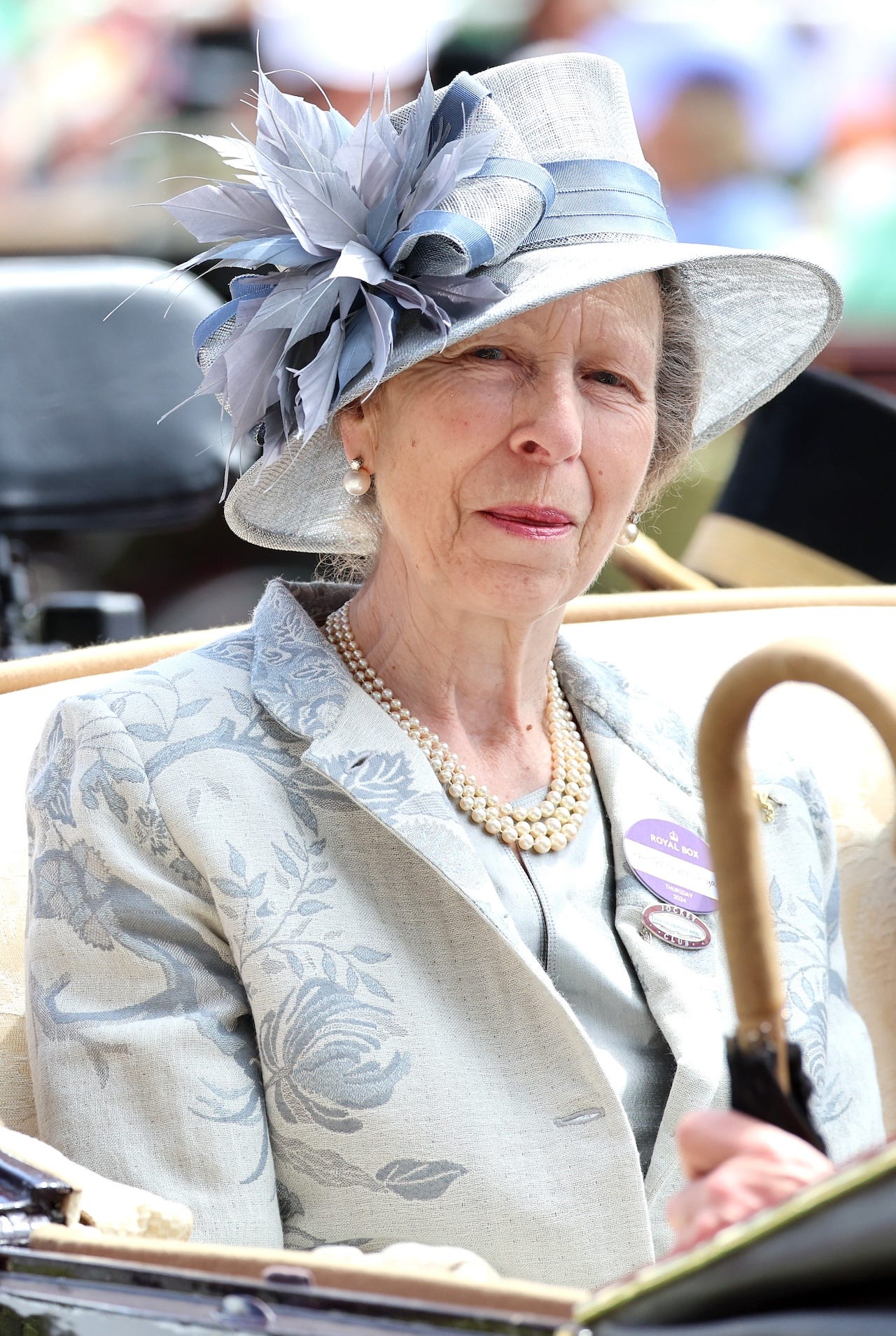 <p>On Thursday, the Princess Royal opted for another botanical-embroidered summer coat at Royal Ascot. But unlike her day one ensemble, her outfit was designed in cooler blue and light-purple tones.</p><p>Anne accessorized with a trio of pearl necklaces, pearl earrings, and a lilac hat with a floral bouquet made of feathers.</p>