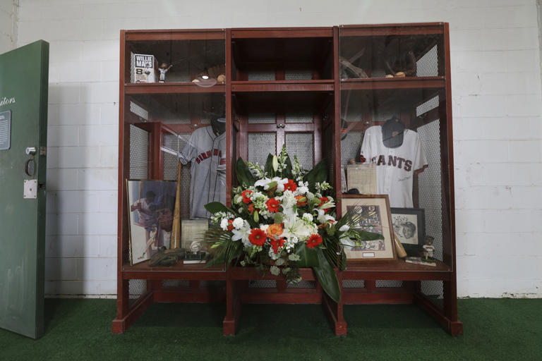A memorial to Willie Mays is seen inside Rickwood Field before a baseball game between the St. Louis Cardinals and the San Francisco Giants, Thursday, June 20, 2024, in Birmingham, Ala. Mays, who began his professional career with the Birmingham Black Barons of the Negro Leagues in 1948 and played at Rickwood Field, passed away on Tuesday at the age of 93. (AP Photo/Vasha Hunt)