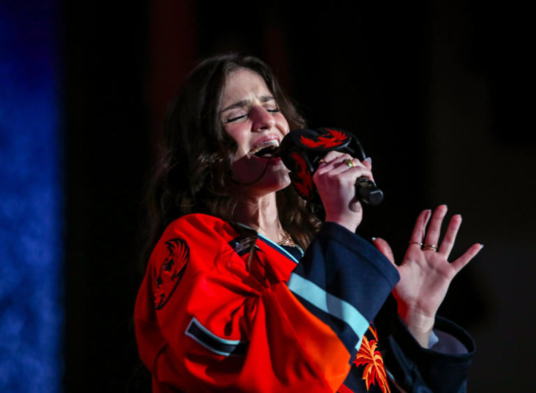 Indio’s 'American Idol' winner Abi Carter performs during the first intermission of Game 4 of the Calder Cup Finals at Acrisure Arena in Palm Desert, Calif., Thursday, June 20, 2024.