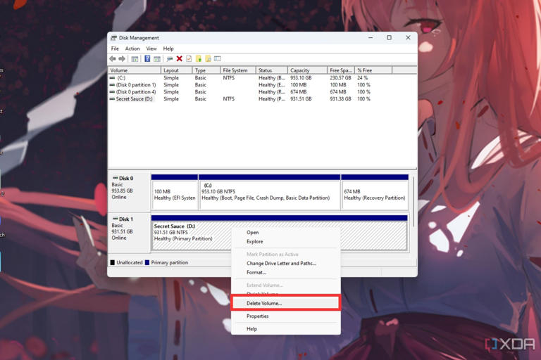 A screenshot showing the highlighted delete volume option in Windows Disk Management tool.