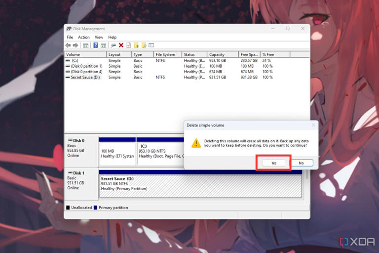 A sreenshot showing the delete volume confirmation box.