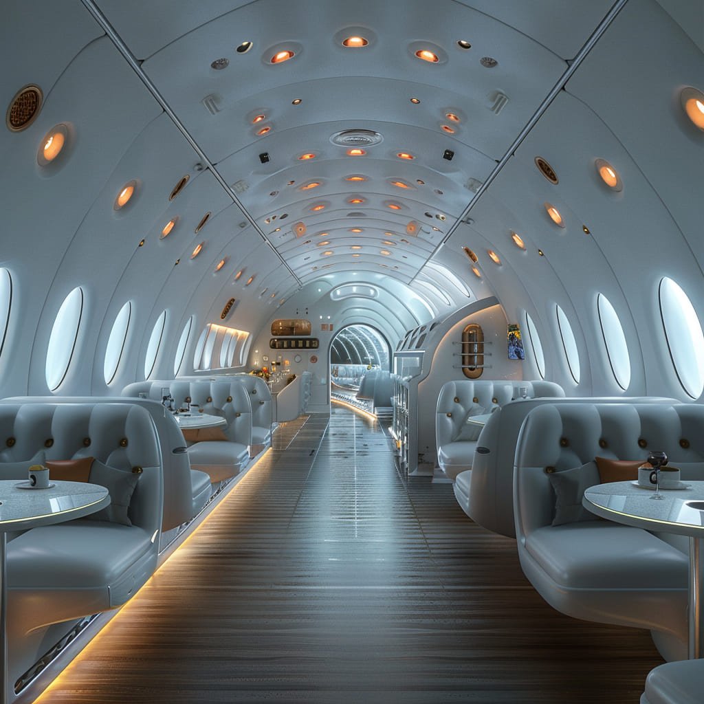 <p>Step inside the future of commercial airline cabins, and you'll think you've walked into a high-end lounge. Picture this: interiors bathed in soft, white tones, illuminated by chic overhead lights that create a cozy, inviting atmosphere. Oak wooden floors underfoot add a touch of elegance, while spacious tables invite you to work or dine in style.</p> <p>And speaking of dining, how about a glass of fine wine from the in-flight bar? Yes, a bar—complete with leather pillows to lounge on as you sip and socialize. This isn’t just air travel; it’s a mile-high luxury experience, blending comfort and sophistication in a way that makes you almost forget you’re flying at all.</p>