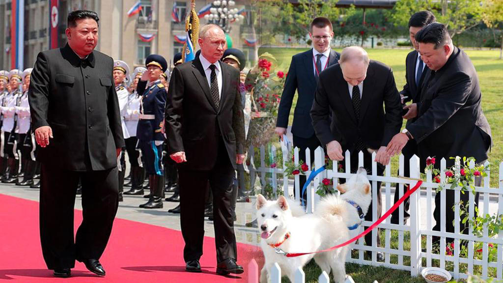 bizarní návštěva putina u kim čong-una: šéf kremlu dostal psa, co nenávidí nespravedlnost. došlo i na kýčovité podobizny
