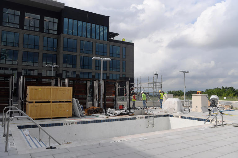 The pool area at the Aloft Hotel is under construction, June 18, 2024, in Asheville.