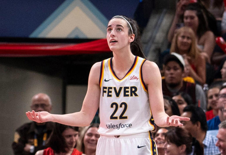 Indiana Fever guard, Caitlin Clark, reacting in disappointment after a foul during a game against the Washington Mystics. Brett Phelps/IndyStar / USA TODAY NETWORK