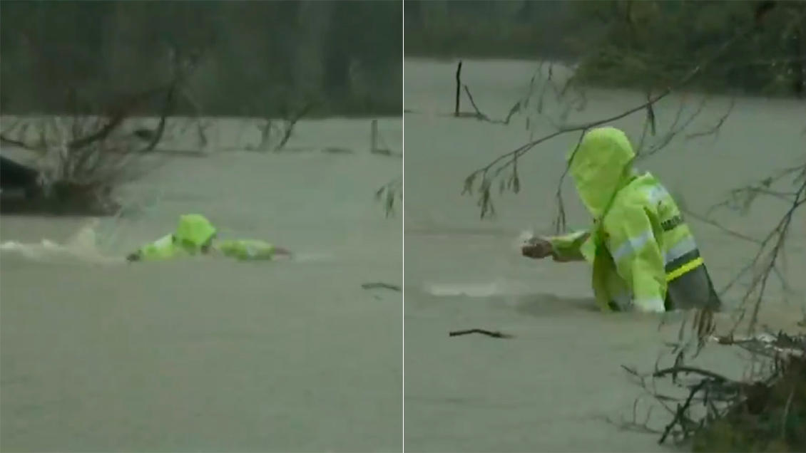 ante desborde del río andalién: carabinero se lanzó al agua para ayudar en la evacuación