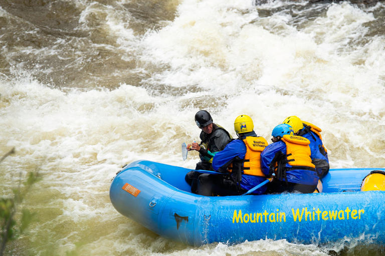 Rafters in a Mountain Whitewater raft enter rapids in the Poudre River on Tuesday, June 18, 2024, in Bellvue, Colo.