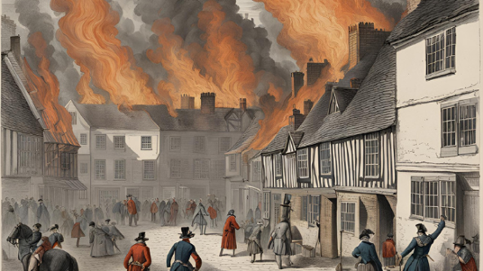 An AI picture depicting what the 1724 Woburn fire might have looked like, showing the timber-framed buildings in flames