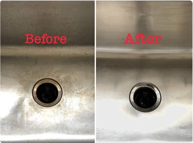 A reviewer's stainless steel sink with staining and the word