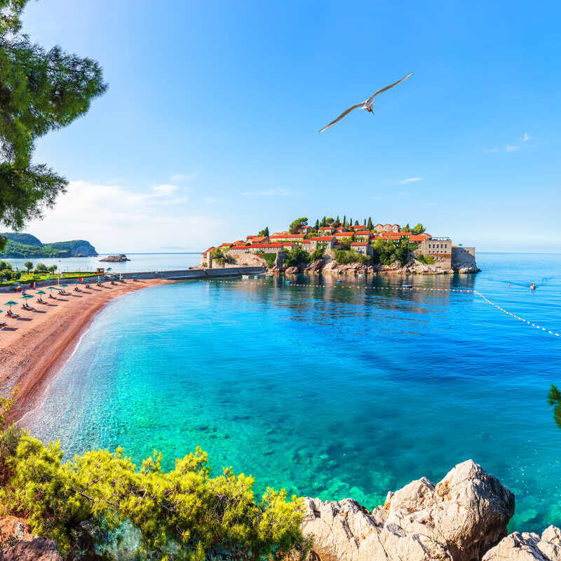 View of Sveti Stefan Resort Island near Budva, Montenegro