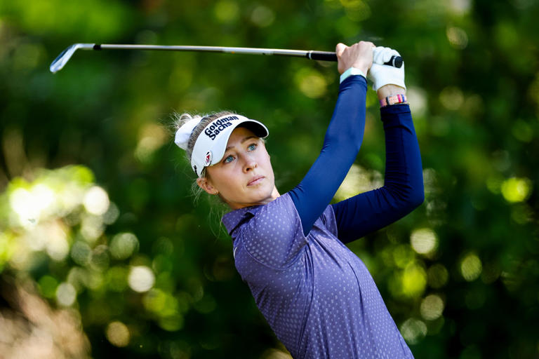 SAMMAMISH, WASHINGTON - JUNE 20: Nelly Korda of the United States hits a tee shot on the fifth hole during the first round of the KPMG Women's PGA Championship at Sahalee Country Club on June 20, 2024 in Sammamish, Washington. (Photo by Ezra Shaw/Getty Images) Ezra Shaw/Getty Images