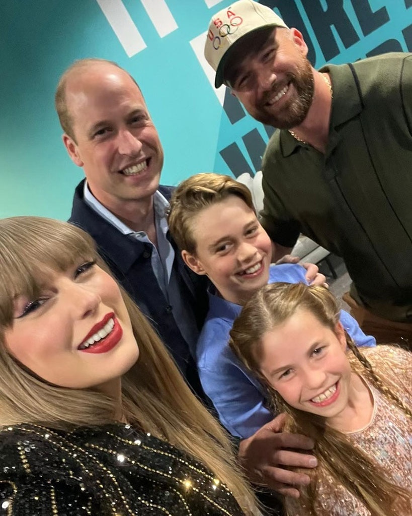 Taylor's first Instagram pic featuring Travis was a selfie of the two with Prince William and his and wife Kate Middleton 's eldest kids Prince George and Princess Charlotte backstage at the singer's Eras tour show at Wembley Stadium in London.