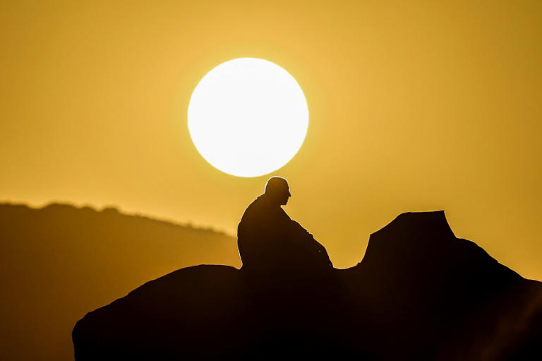 A Muslim pilgrim prays at dawn on Mount Arafat during this year's hajj