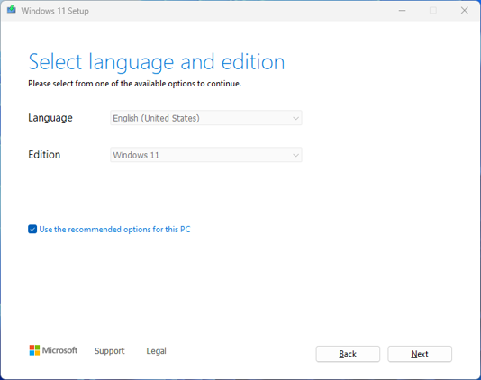 Screenshot of the Windows 11 Media Creation Tool showing options to change the language and edition of the OS