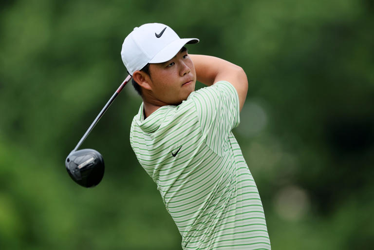 Tom Kim of South Korea plays his shot from the 6th tee during the third round of the Travelers Championship at TPC River Highlands on Saturday, June 22, 2024, in Cromwell, Connecticut.