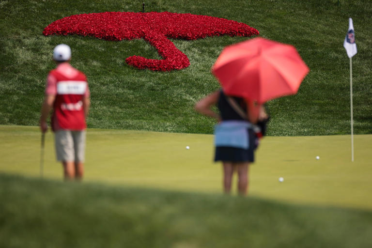 A general view of signage on the 18th hole prior to the Travelers Championship at TPC River Highlands on June 19, 2024 in Cromwell, Connecticut. (Photo by James Gilbert/Getty Images)