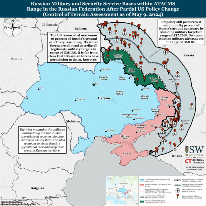 oorlogskaart toont alle russische militaire bases binnen aanvalsbereik van atacms