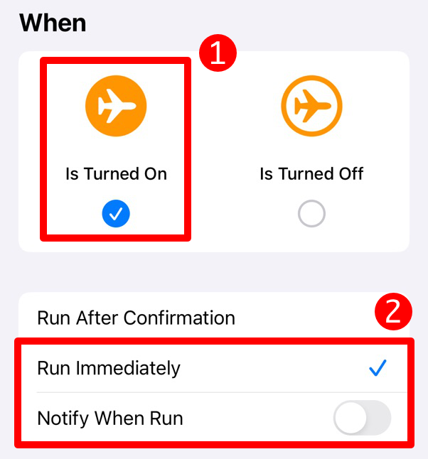 Airplane Mode automation settings in Shortcuts app.