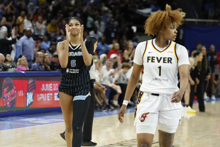 Jun 23, 2024; Chicago, Illinois, USA; Chicago Sky forward Angel Reese (5) reacts during the second half of a basketball game against the Indiana Fever at Wintrust Arena. © Kamil Krzaczynski-USA TODAY Sports