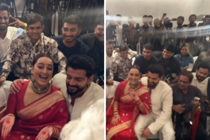 watch: sonakshi sinha and zaheer iqbal pose for group photo with paparazzi at their reception