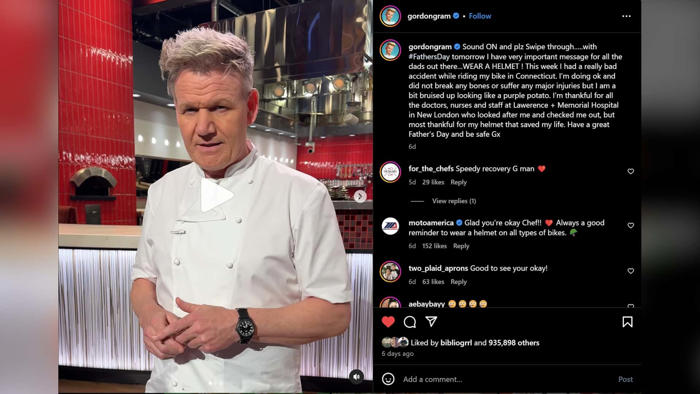 after chef gordon ramsay’s bike crash, his son is proud to wear a helmet