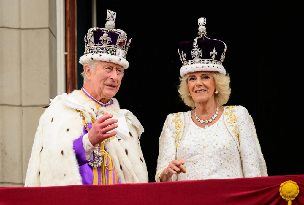 queen camilla wearing queen elizabeth ii's jewelry: brooches, sapphire and diamond tiara, coronation day necklace and more