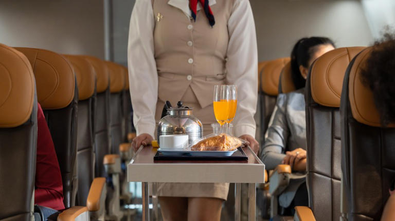 airline stewardess pushing food cart