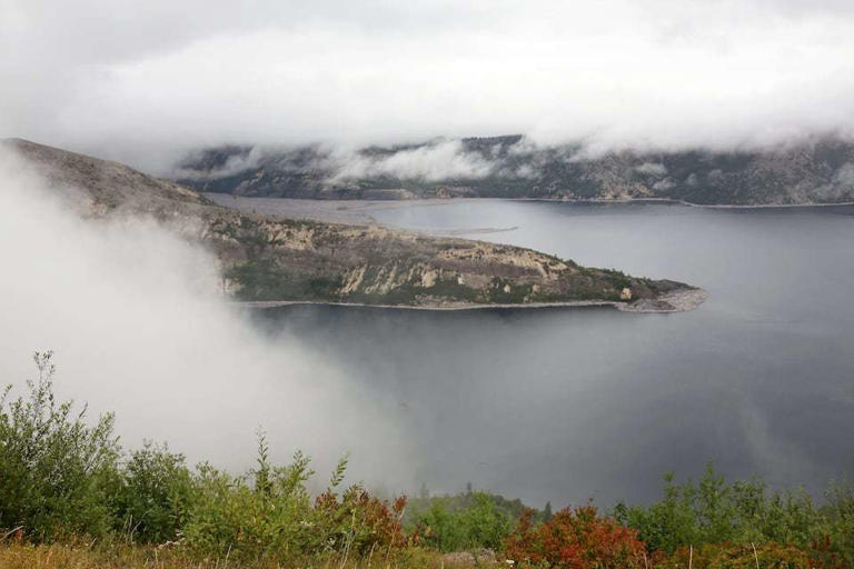 Fog lifts over Spirit Lake at Mount St. Helens, seen from Harry's Ridge on the north side of the volcano.