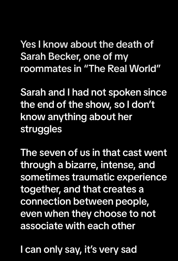 Sarah Becker from MTV's 'The Real World: Miami' Passes Away at 52