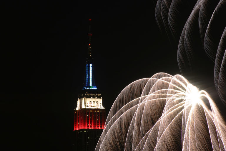 People along Boulevard East in Weehawken to view the Macy's Fireworks above the Hudson River