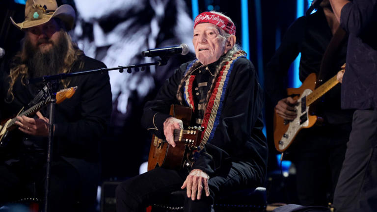 Chris Stapleton and Willie Nelson perform onstage during the 38th Annual Rock & Roll Hall Of Fame Induction Ceremony at Barclays Center on November 03, 2023 in New York City