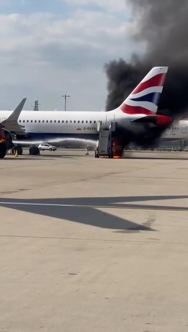 British Airways plane stairs catch fire at Heathrow