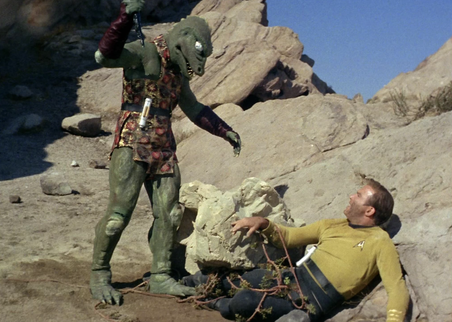 <p>- IMDb user rating: 7.9<br> - Season 1, Episode 18<br> - Director: Joseph Pevney</p>  <p>Episode 18 of "Star Trek" showcases some of Kirk's physical combat abilities as he is forced to fight a member of the reptile species known as the Gorn. The fight scene between Kirk and the Gorn captain was shot at the <a href="https://www.travelinusa.us/vasquez-rocks/#google_vignette">Vasquez Rocks</a>, a location used so frequently by the franchise that it is nicknamed the "Star Trek Rocks." Modern audiences have mocked and parodied <a href="https://www.youtube.com/watch?v=4SK0cUNMnMM">the fight scene</a>, but its iconic status has never been disputed.</p>