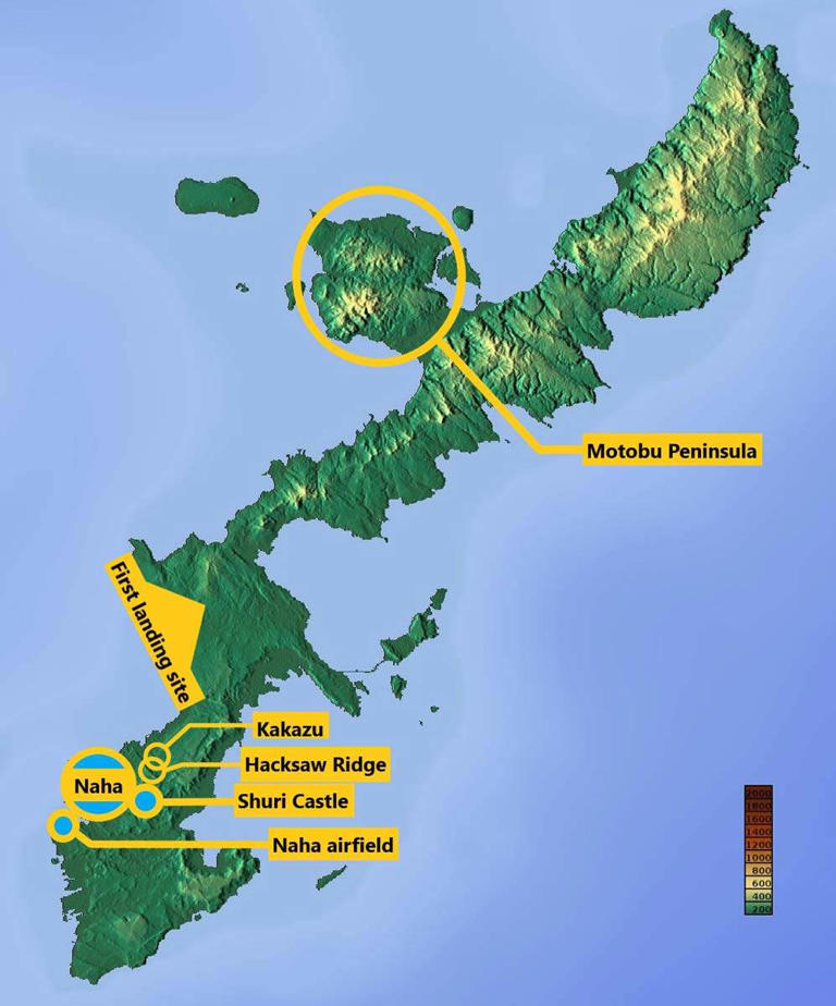 A topographic map of Okinawa. Source: Wikimedia Commons, modified by the author.