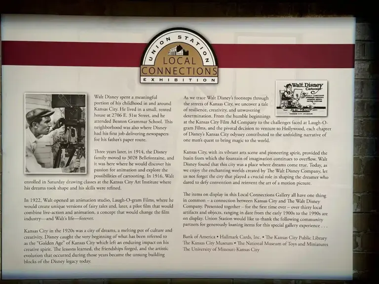 Information about Walt Disney's beginnings in Kansas City, Missouri.