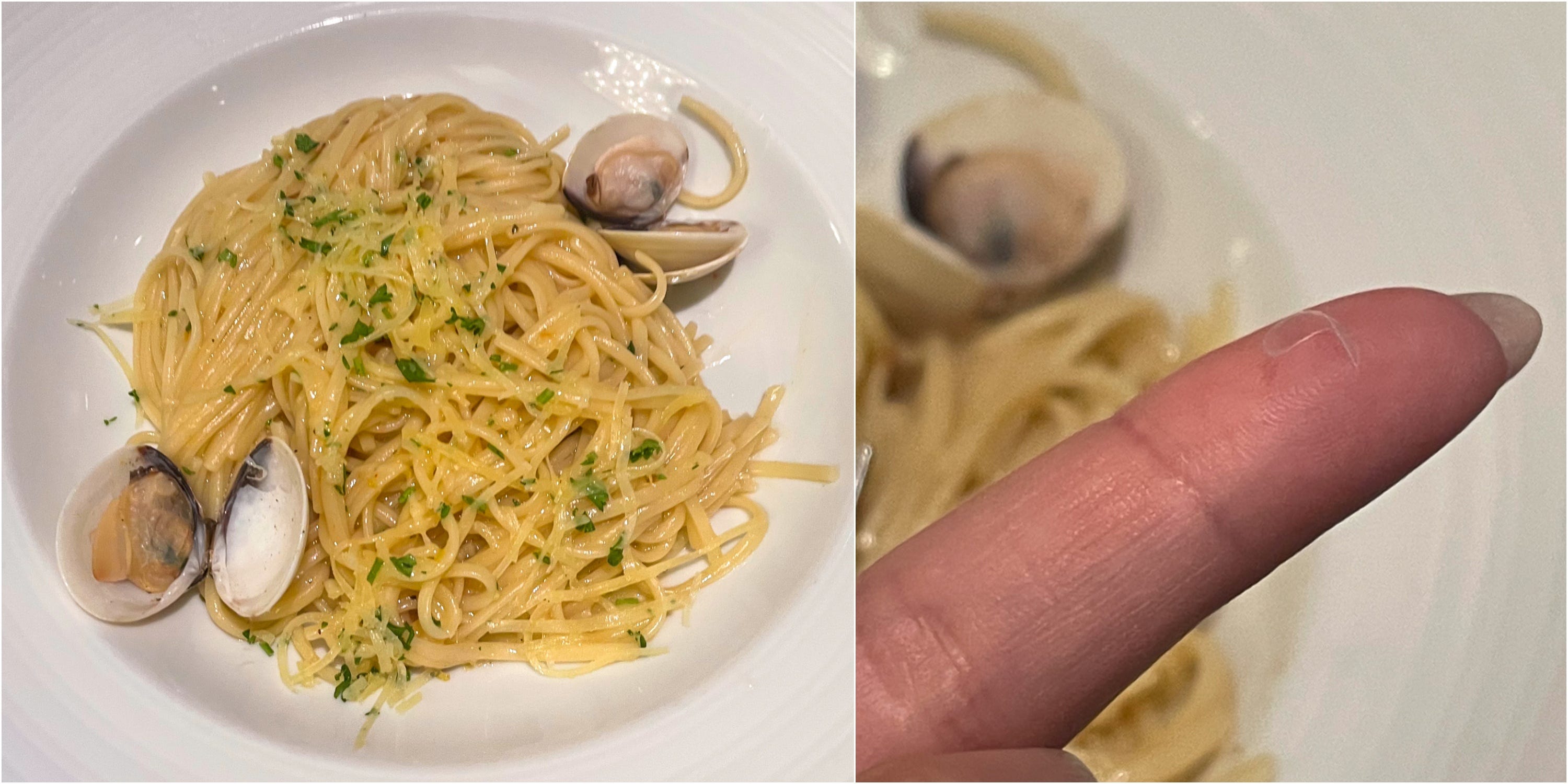 <p>I didn't love that it came with only four or five clams, but I do love pasta dishes with a contrasting texture!</p><p>Unfortunately, said "texture" was a hard, small piece of plastic hidden among the mound of noodles.</p>