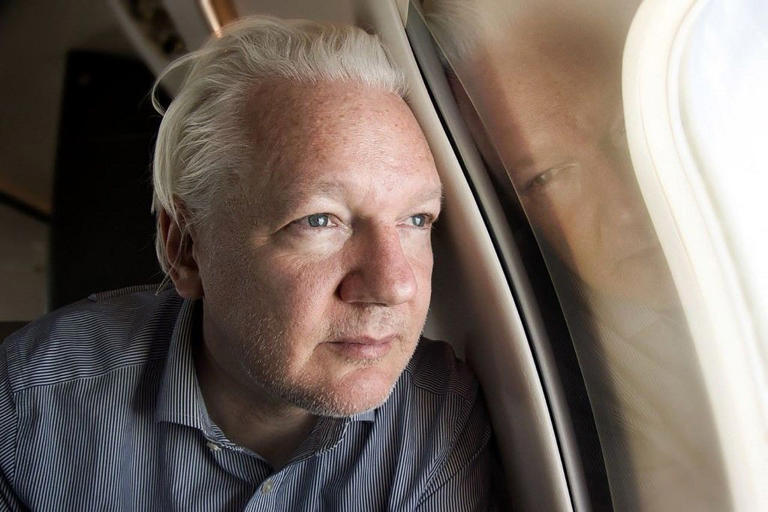 Julian Assange dans l'avion après sa sortie de prison.