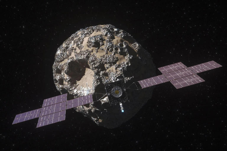 NASA illustration of the Psyche spacecraft approaching the Psyche asteroid. This asteroid may be worth billions and billions of dollars due to its high metal content.