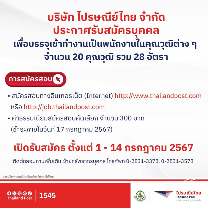 ไปรษณีย์ไทย รับสมัครงาน 2567 เพื่อบรรจุเป็นพนักงาน รวม 28 อัตรา