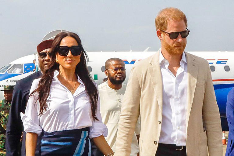 Prince Harry, Duke of Sussex and Meghan, Duchess of Sussex arrive at the Lagos airport for Official State Welcome on May 12, 2024 in Lagos, Nigeria