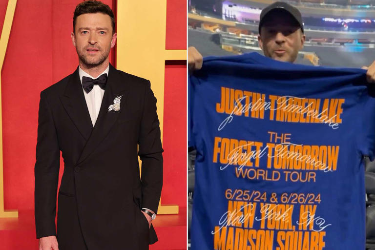 Kayla Oaddams/FilmMagic; Justin Timberlake/Instagram Justin Timberlake at the 2024 Oscars (left); holding a tour T-shirt in his first social media post since his arrest