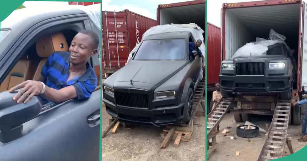 expensive rolls royce draws attention as it is being offloaded from a container