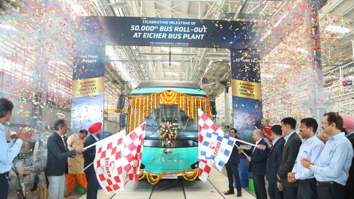 fully built 50,000th bus rolls out from this company's mp plant. not tata or mahindra