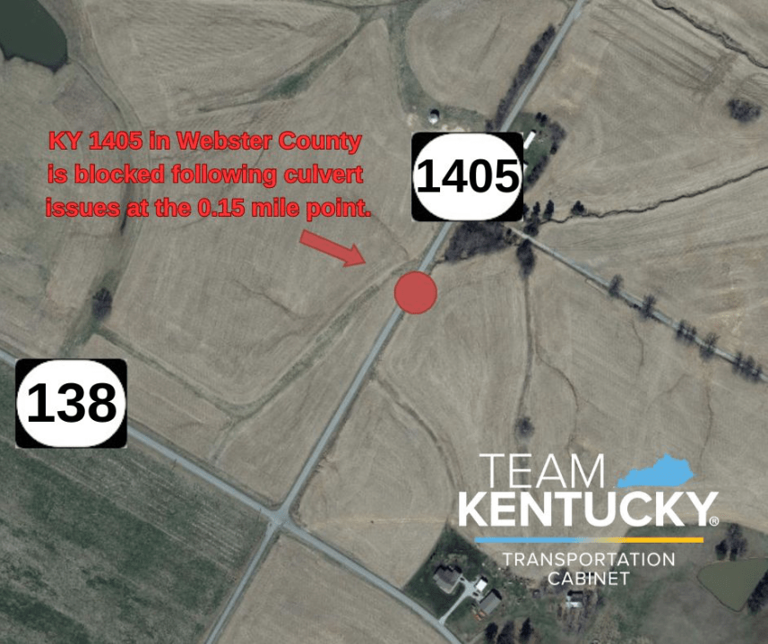 KY 1405 in Webster County closed due to culvert issue