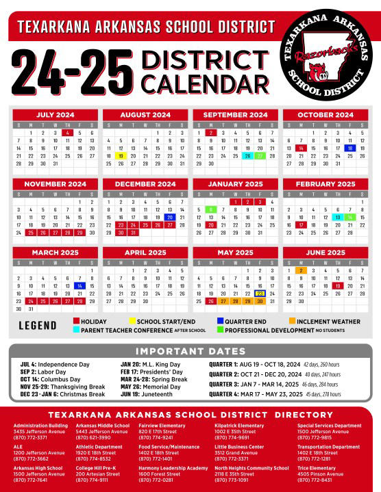 Calendars for Arkansas school districts 20242025