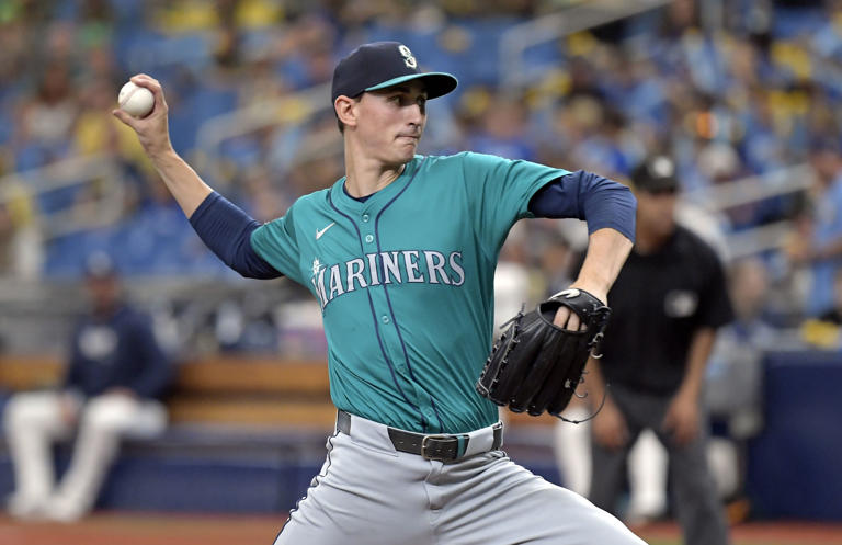 Seattle Mariners starter George Kirby pitches against the Tampa Bay Rays during the third inning of a baseball game Wednesday, June 26, 2024, in St. Petersburg, Fla. (AP Photo/Steve Nesius)