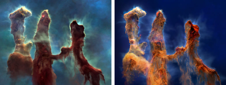  The Hubble image of the Pillars is featured on the left while the Webb version is featured on the right.